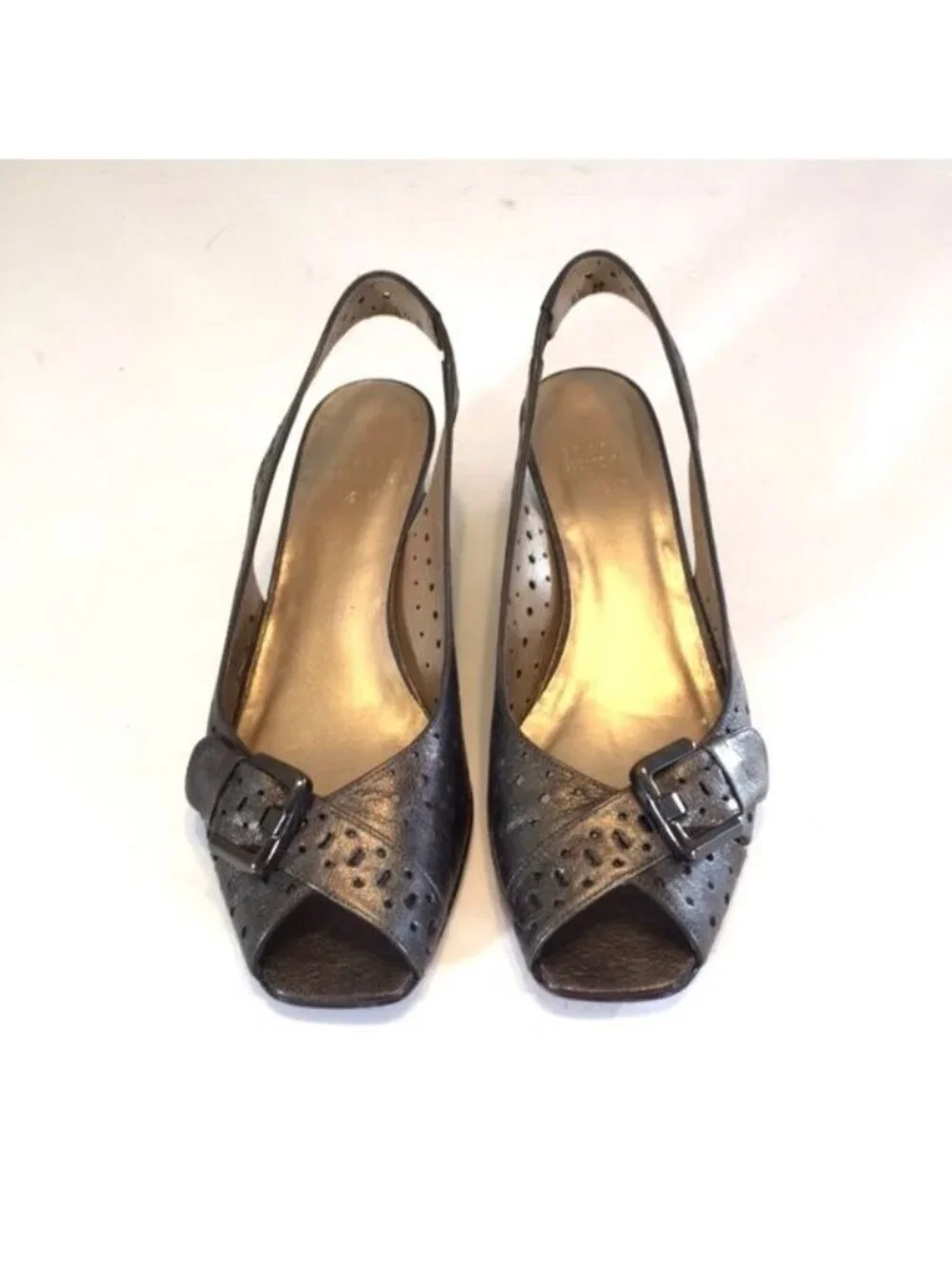 Stuart Weitzman Womens Gray Perforated Leather Wedge Heels Slingback size 6.5